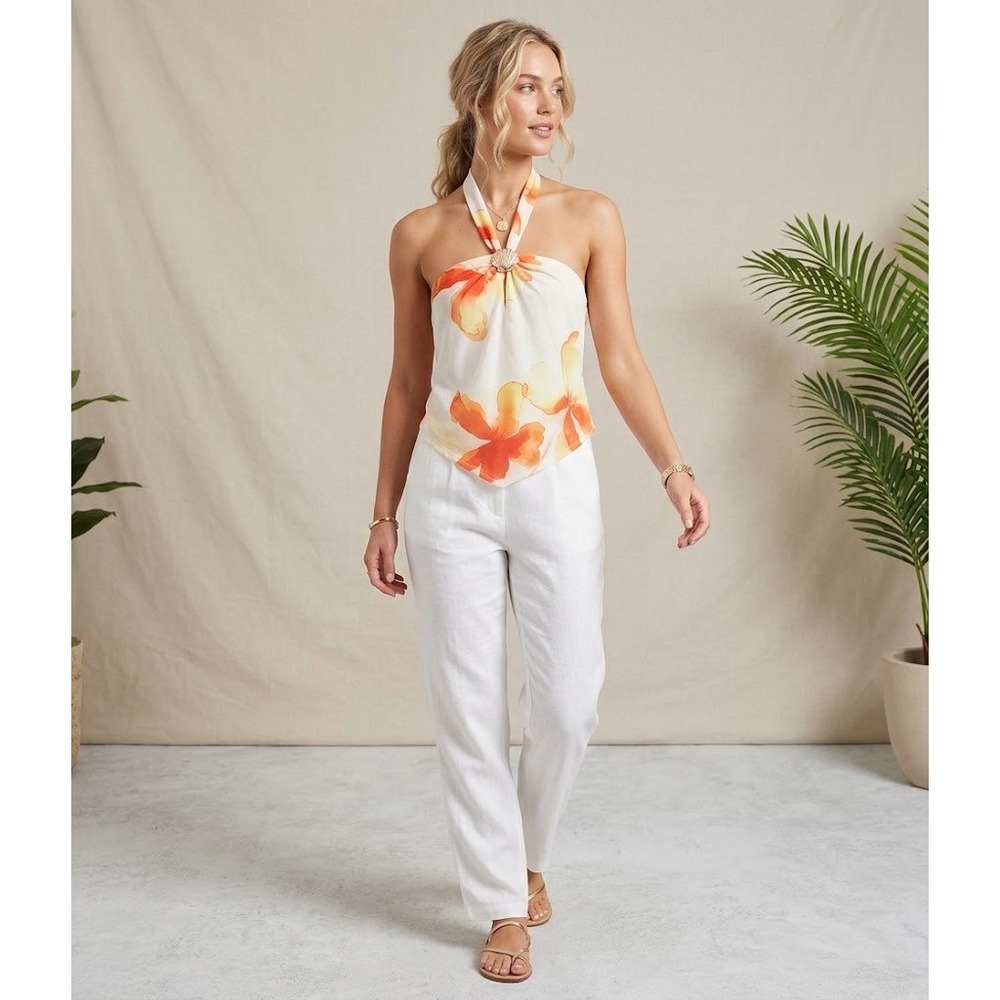 THIRTY/THIRTY Floral Halter Top Orange Yellow Shell Detail NWT